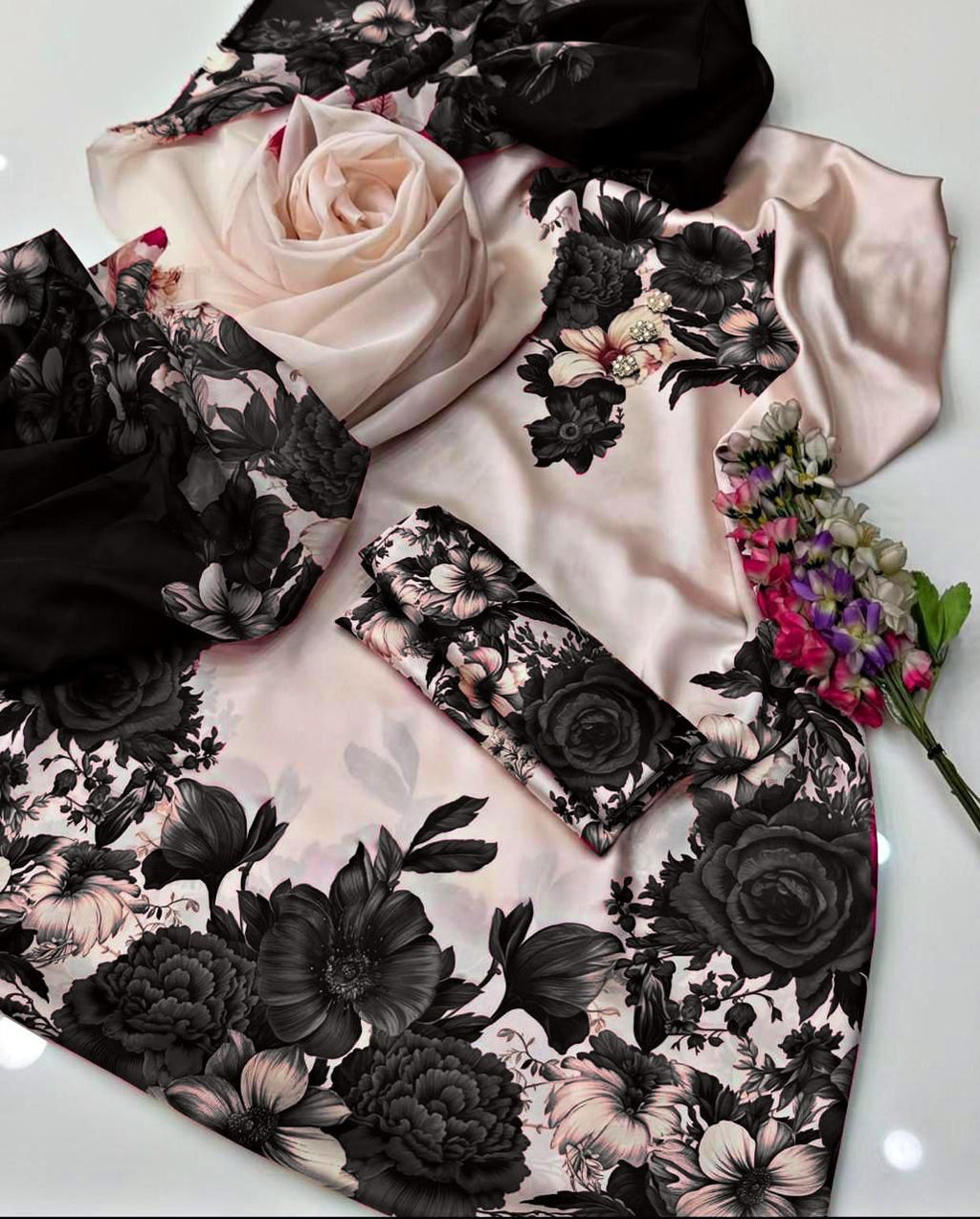 Floral Digital Printed Silk 3 Piece Unstitched Suit with Dupatta, Shirt & Trouser