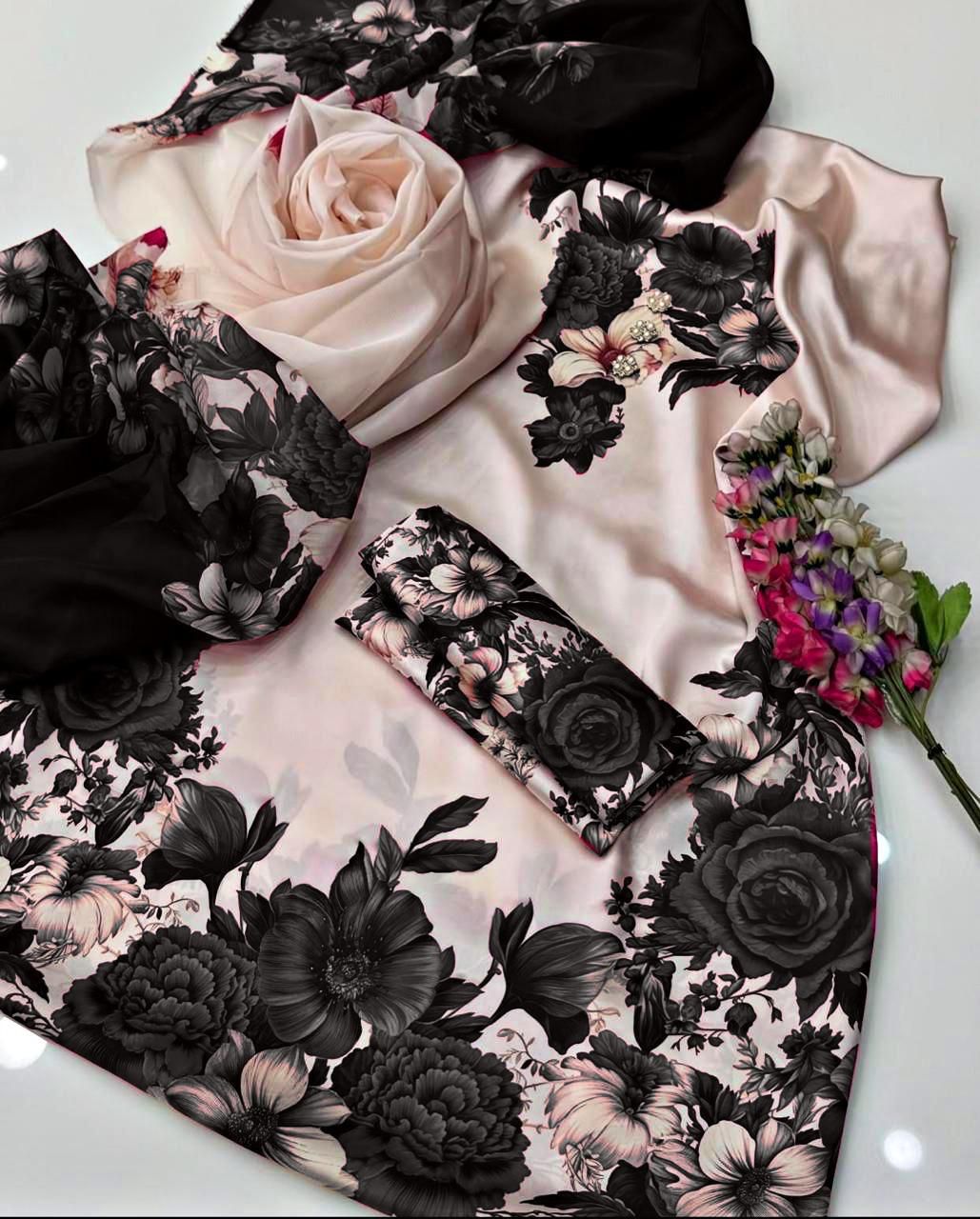 Floral Digital Printed Silk 3 Piece Unstitched Suit with Dupatta, Shirt & Trouser