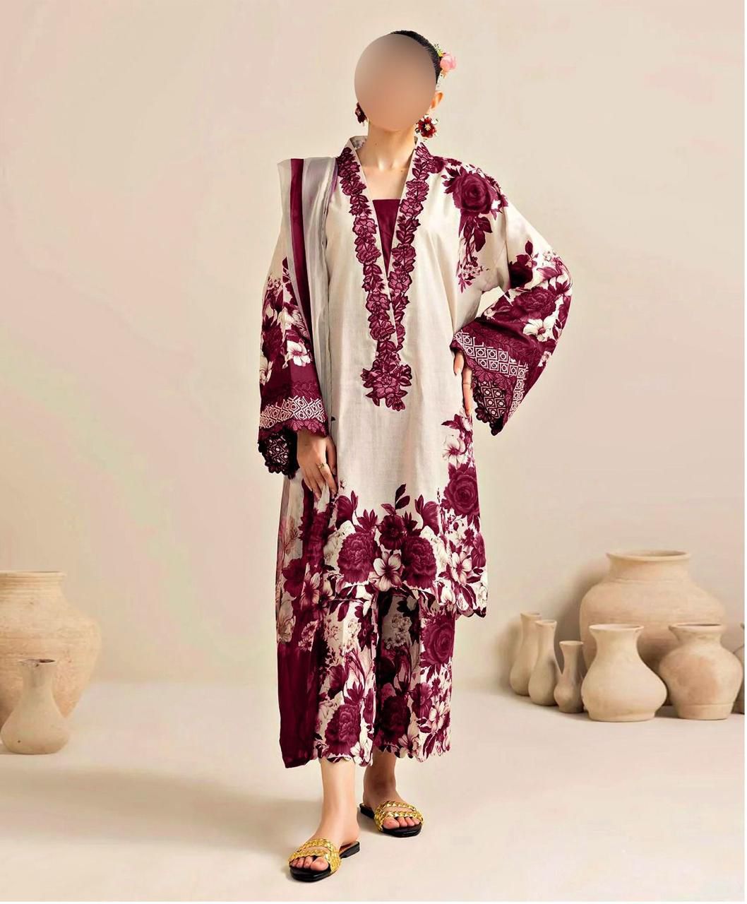 Floral Digital Printed Silk 3 Piece Unstitched Suit with Dupatta, Shirt & Trouser