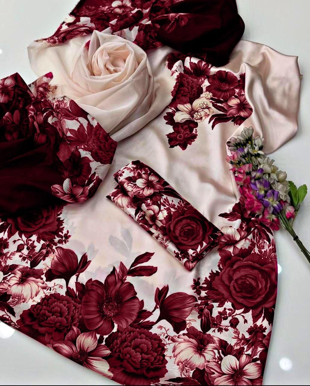 Floral Digital Printed Silk 3 Piece Unstitched Suit with Dupatta, Shirt & Trouser
