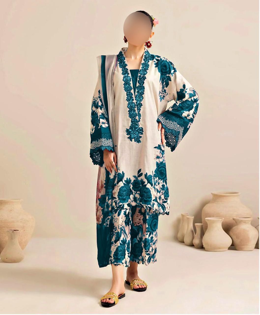 Floral Digital Printed Silk 3 Piece Unstitched Suit with Dupatta, Shirt & Trouser