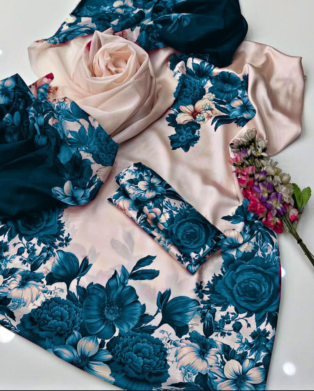 Floral Digital Printed Silk 3 Piece Unstitched Suit with Dupatta, Shirt & Trouser