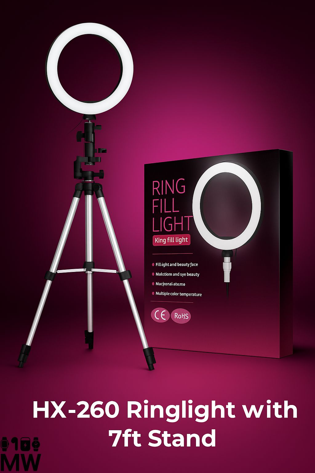 HX-260 Ring Light with 3 Modes & 7Ft Adjustable Stand