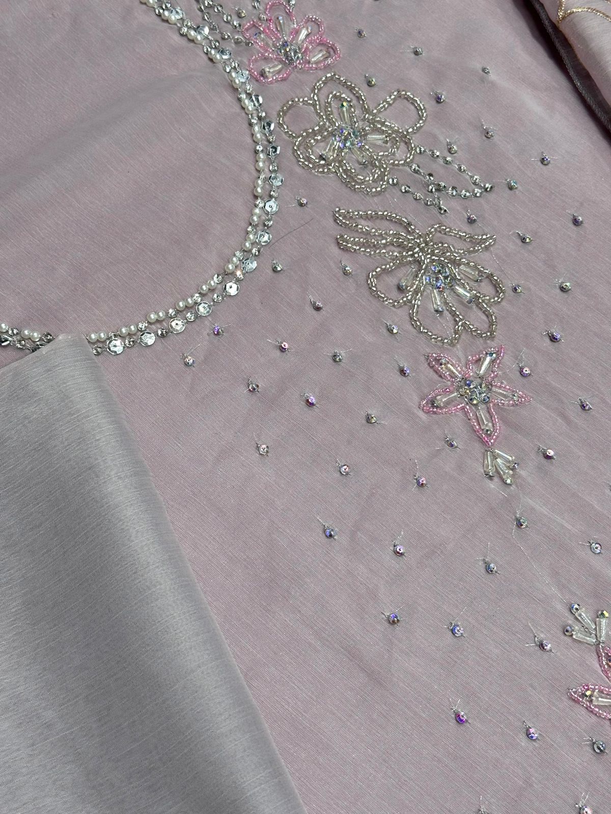 Lulusar Unstitched Replica Chiffon 3Pc Suit with Raw Silk Trouser & Inner