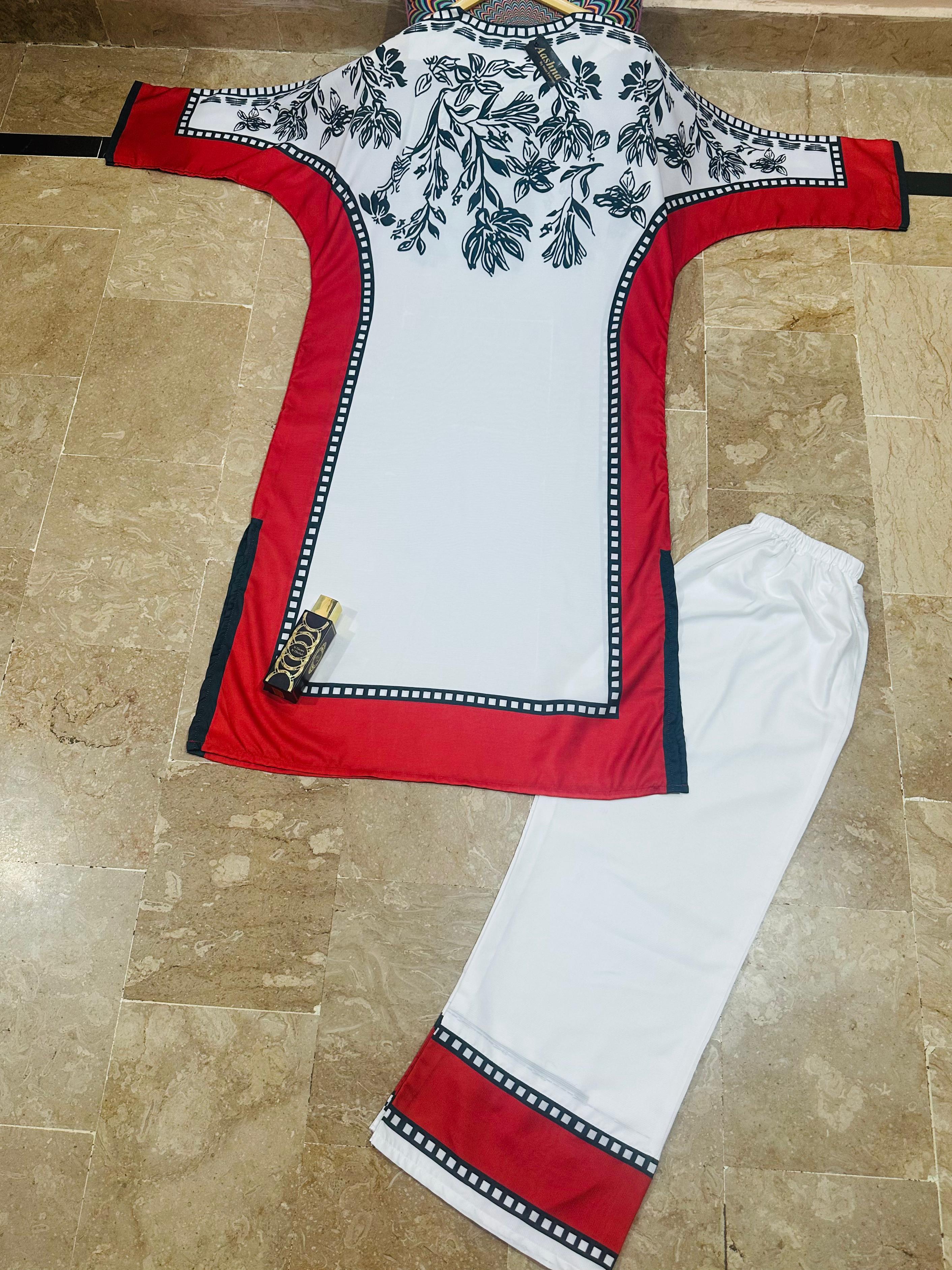 Trendy Butterfly Kaftan 2Pc Silk Crape Dress with Printed Shirt & Trouser