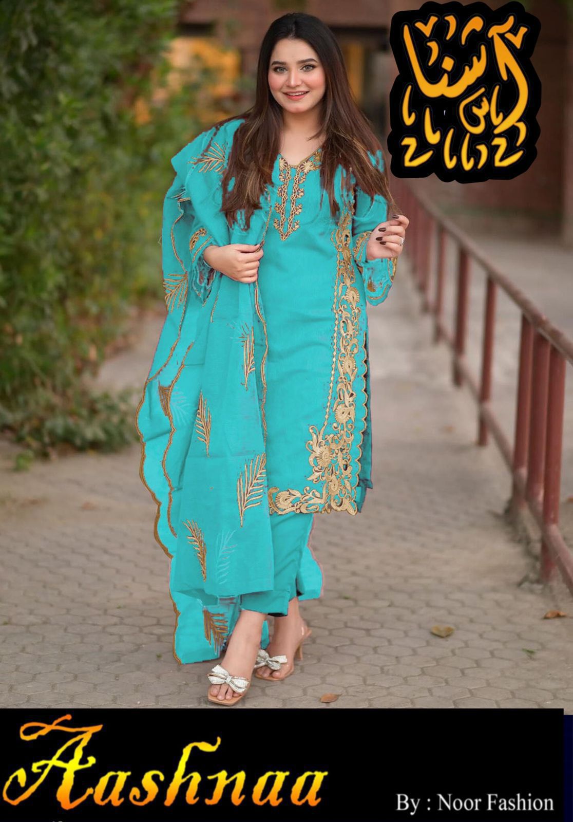 Elegant 3Pc Organza Embroidered Suit with Leaves Design Dupatta & Crepe Trouser