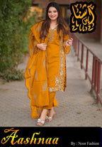 Elegant 3Pc Organza Embroidered Suit with Leaves Design Dupatta & Crepe Trouser