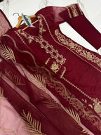 Elegant 3Pc Organza Embroidered Suit with Leaves Design Dupatta & Crepe Trouser