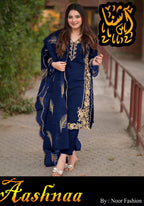 Elegant 3Pc Organza Embroidered Suit with Leaves Design Dupatta & Crepe Trouser