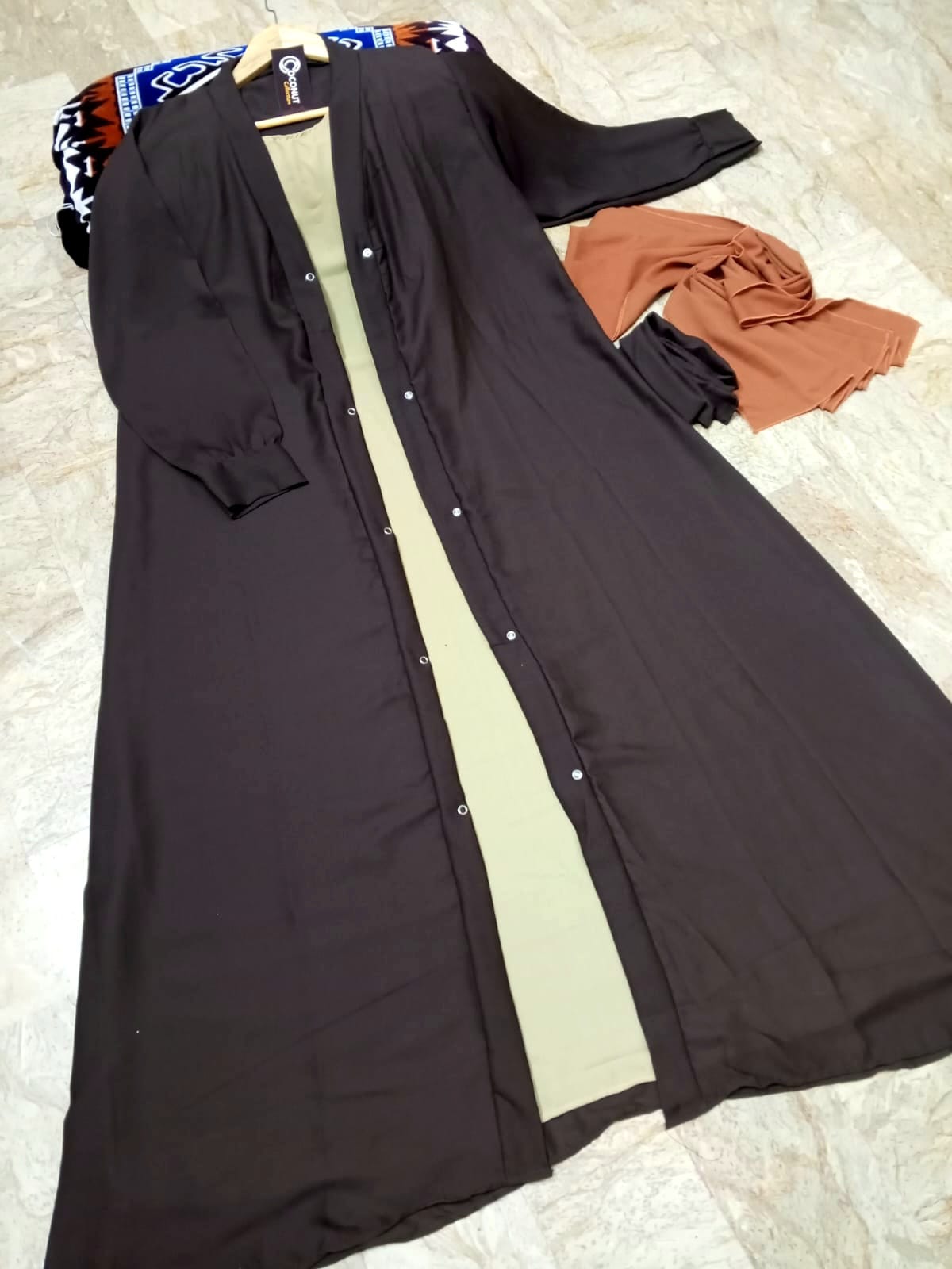 Tich Button Chocolaty Brown Abaya with Inner Style & Georgette Stoller
