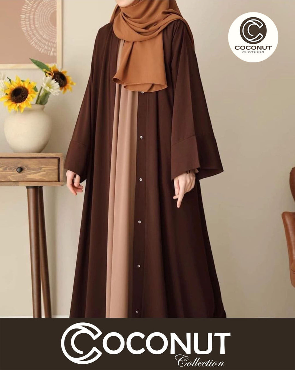 Tich Button Chocolaty Brown Abaya with Inner Style & Georgette Stoller