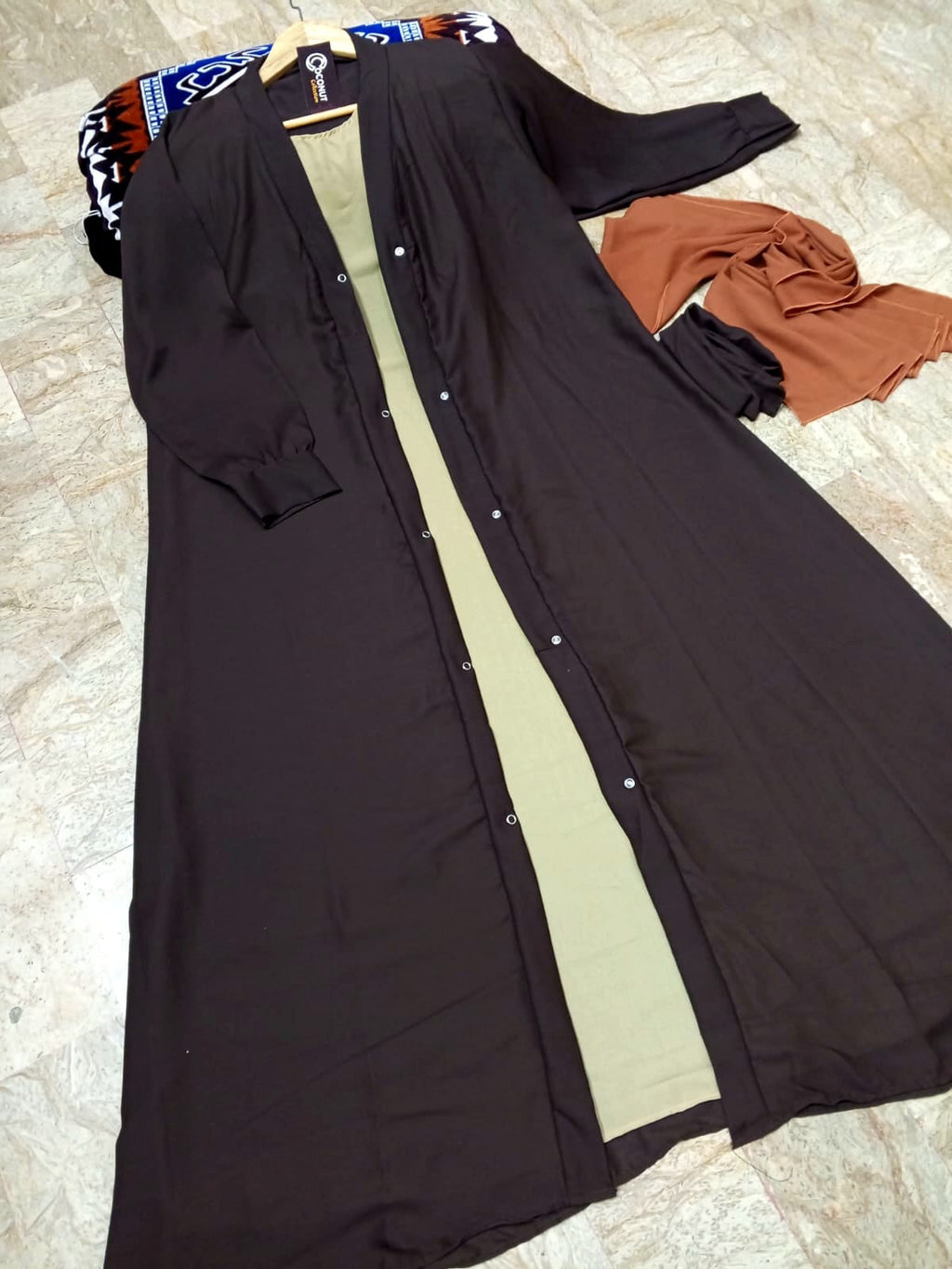 Tich Button Chocolaty Brown Abaya with Inner Style & Georgette Stoller