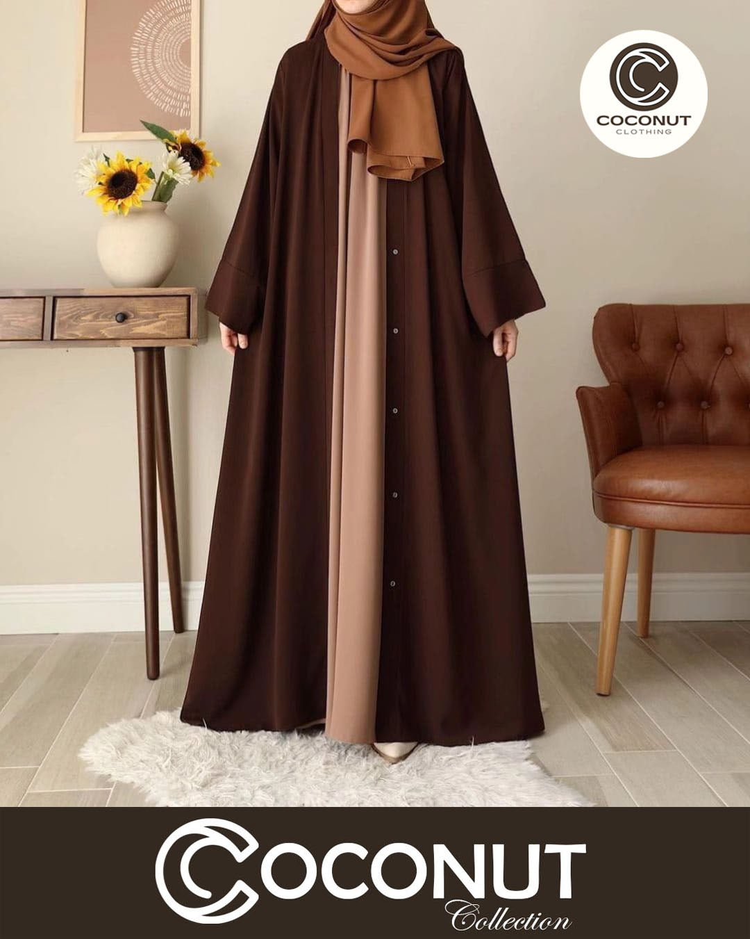 Tich Button Chocolaty Brown Abaya with Inner Style & Georgette Stoller