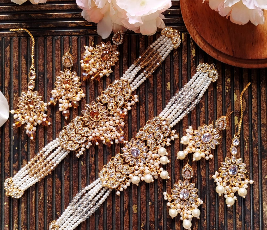 Zarqoon Egyptian Style Stone Choker Set with Earrings & Tikka