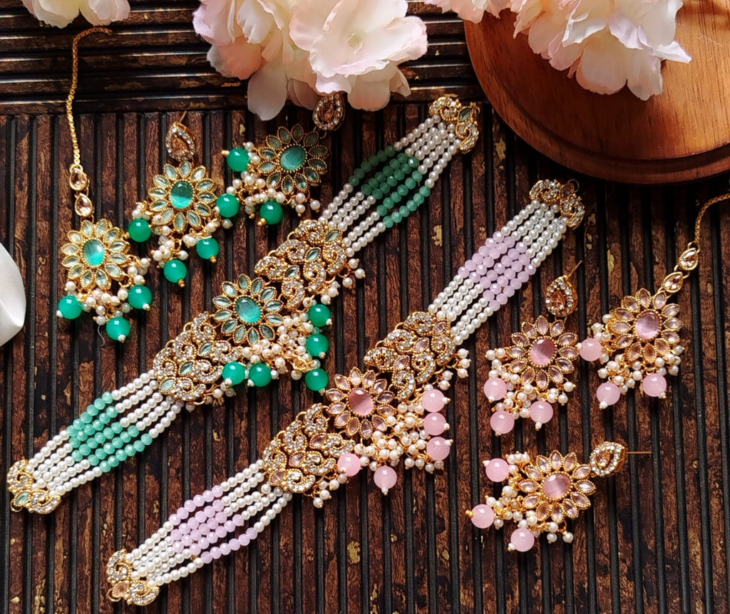 Zarqoon Egyptian Style Stone Choker Set with Earrings & Tikka