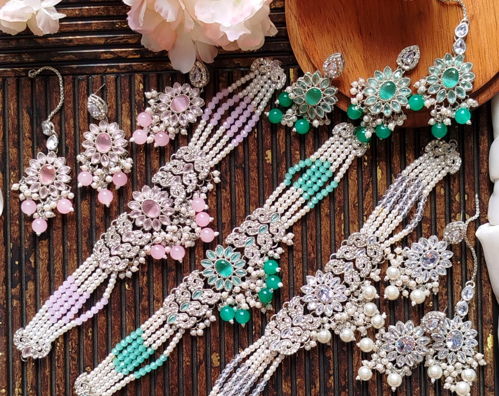 Zarqoon Egyptian Style Stone Choker Set with Earrings & Tikka