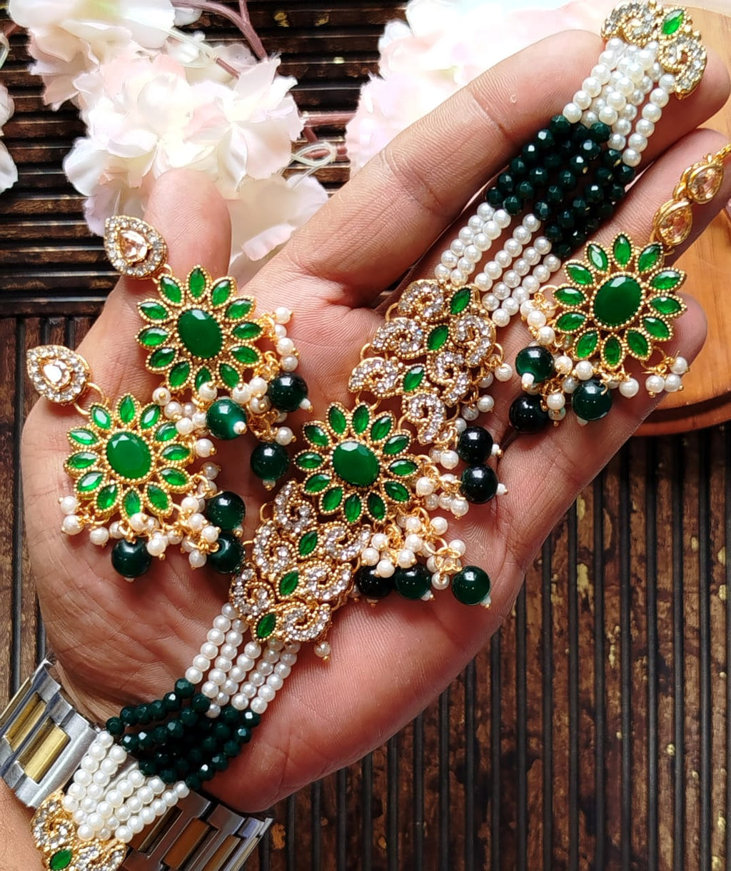 Zarqoon Egyptian Style Stone Choker Set with Earrings & Tikka