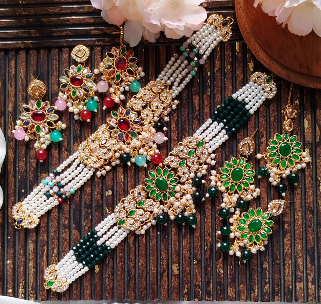 Zarqoon Egyptian Style Stone Choker Set with Earrings & Tikka