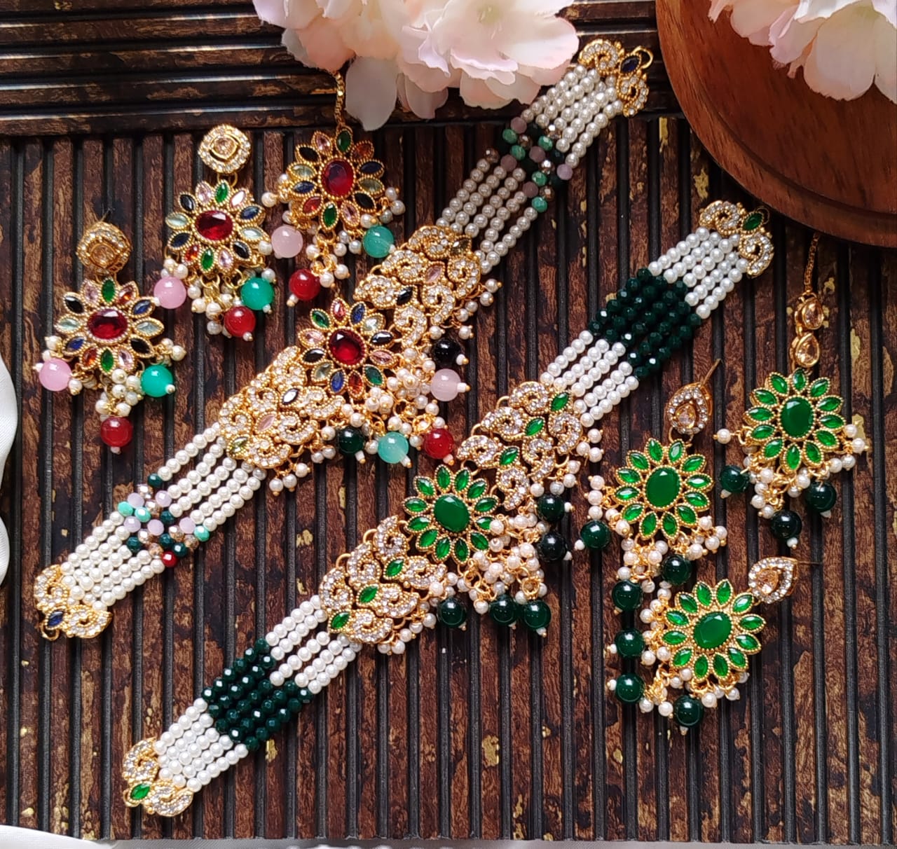 Zarqoon Egyptian Style Stone Choker Set with Earrings & Tikka