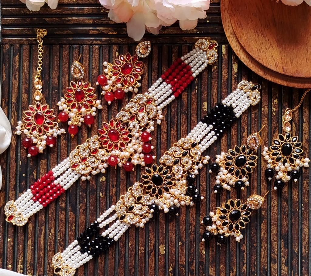 Zarqoon Egyptian Style Stone Choker Set with Earrings & Tikka