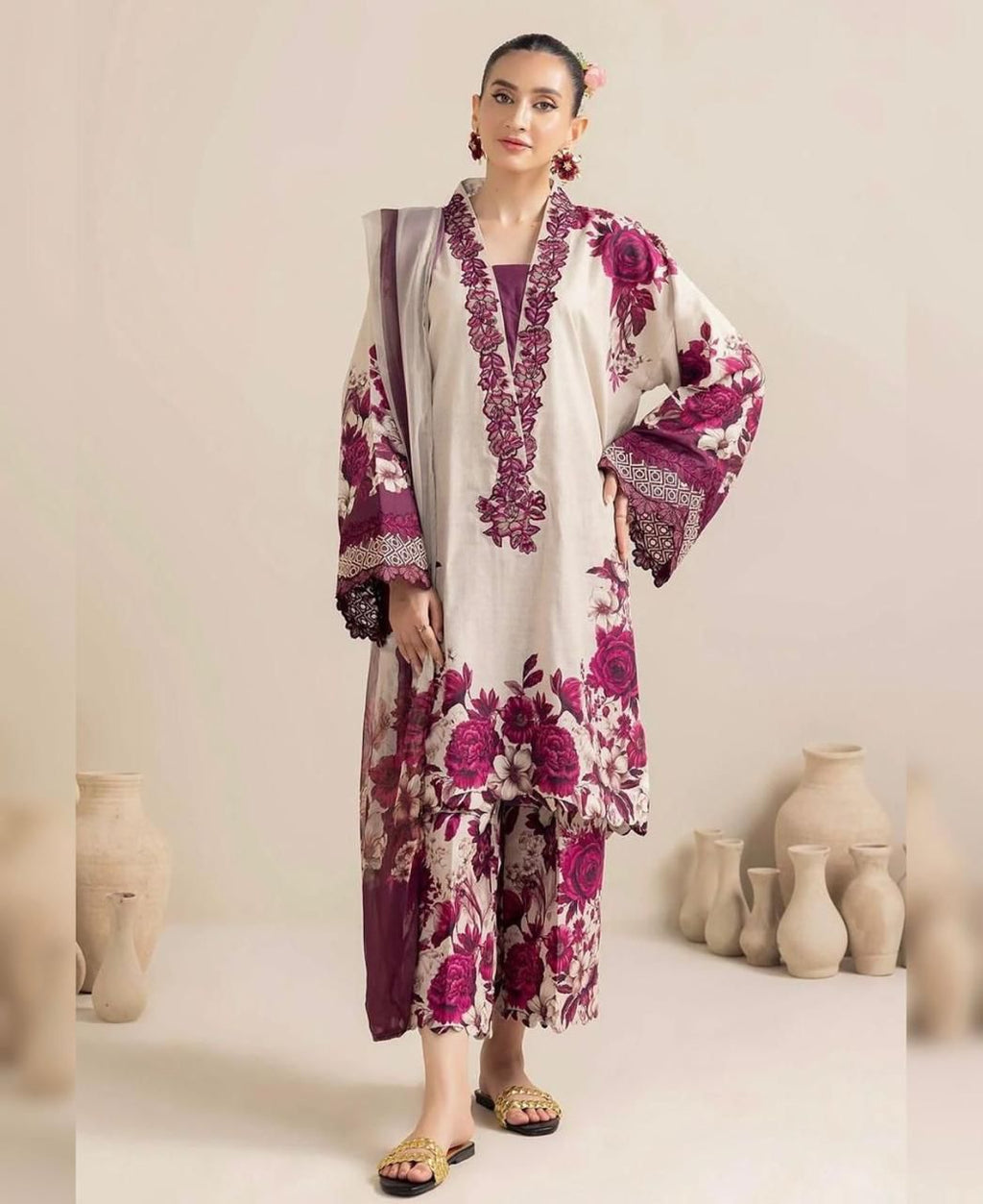 Floral Digital Printed Silk 3 Piece Unstitched Suit with Dupatta, Shirt & Trouser