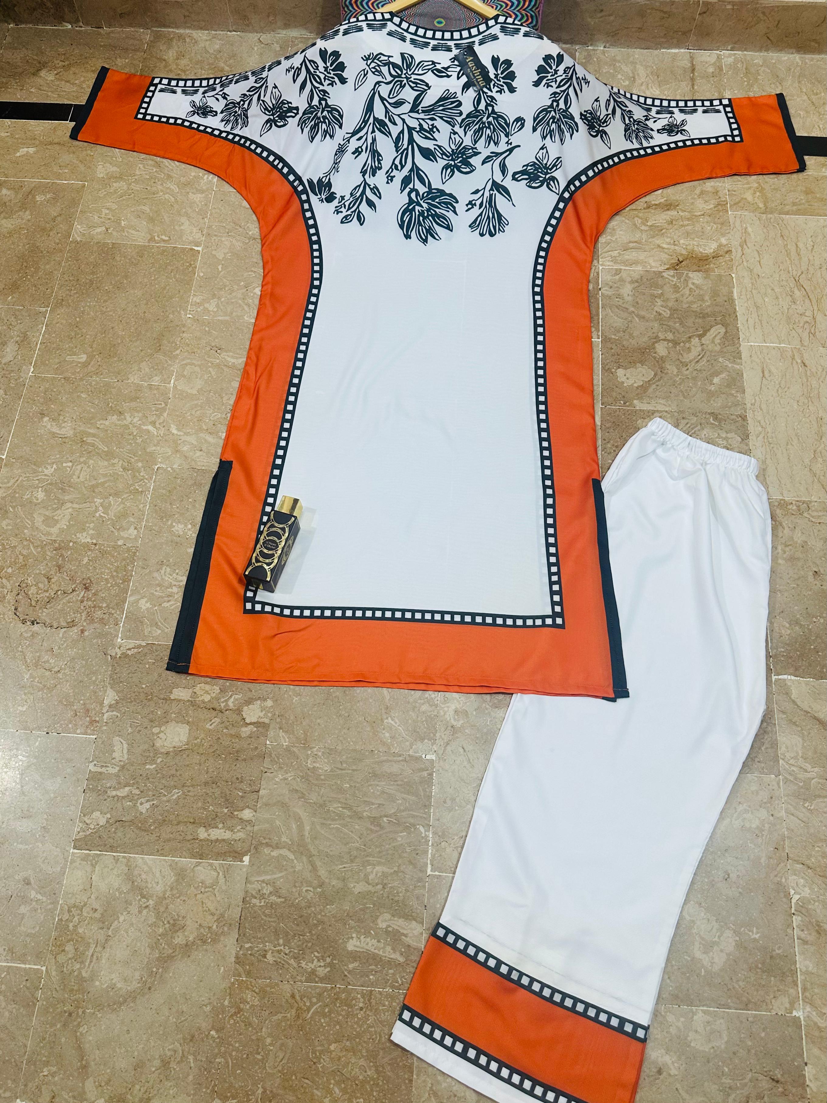 Trendy Butterfly Kaftan 2Pc Silk Crape Dress with Printed Shirt & Trouser