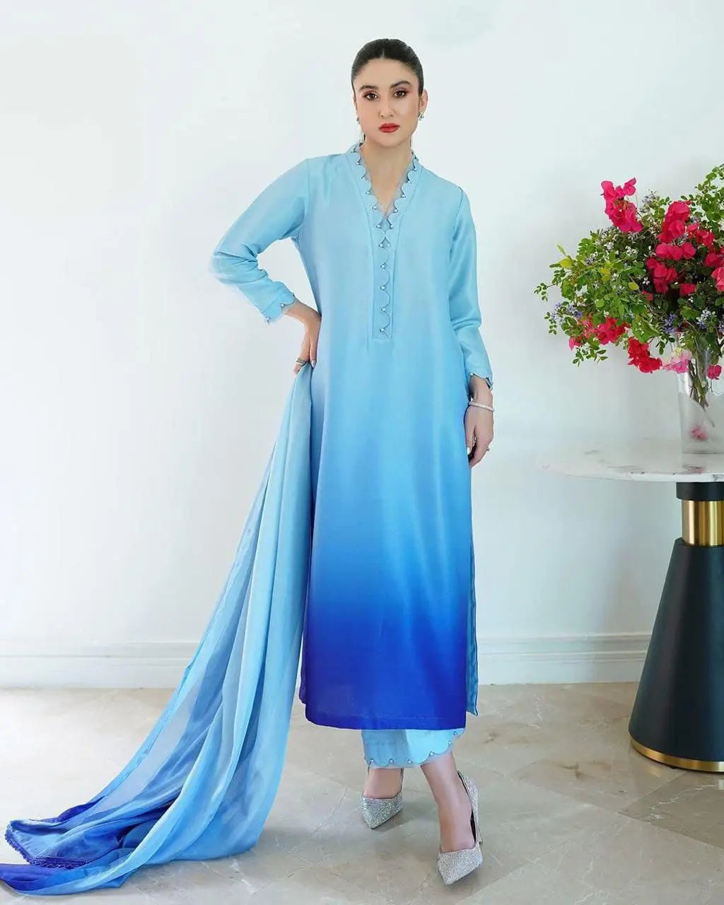 Floral Silk Digital Printed 3 Piece Dress with Dupatta, Shirt & Trouser